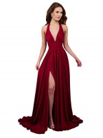 A-Line Halter Plunge V-Neckline Open Back Spandex Formal Dress with Slit