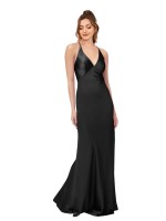 Cowl Back V-Neck Silky Satin Formal Dress