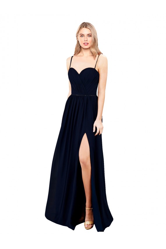 Draped A-Line Chiffon Formal Dress with Spaghetti Straps and High Slit