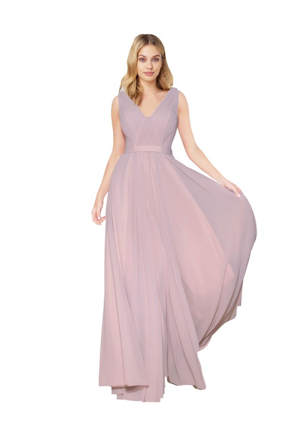 Draped V-Neck Long Chiffon Formal Dress with Shirred Bodice