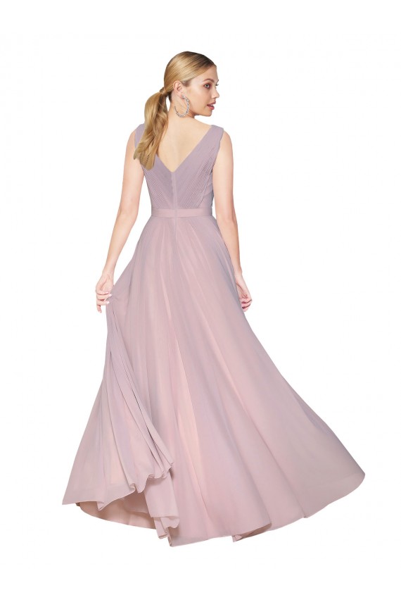 Draped V-Neck Long Chiffon Formal Dress with Shirred Bodice
