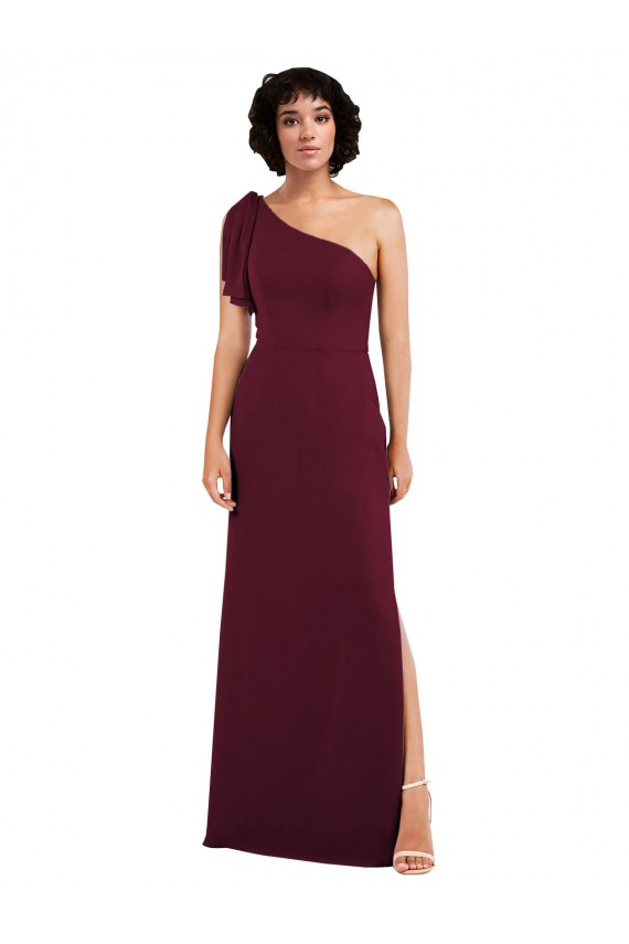 One Shoulder Chiffon Formal Dress with Skirt Slit and Accent Strap