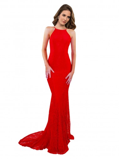High Neck Long Lace Formal Dress with Open Back Straps