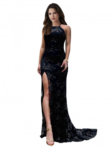 High Neckline Lace Open Back Formal Dress with High Slit