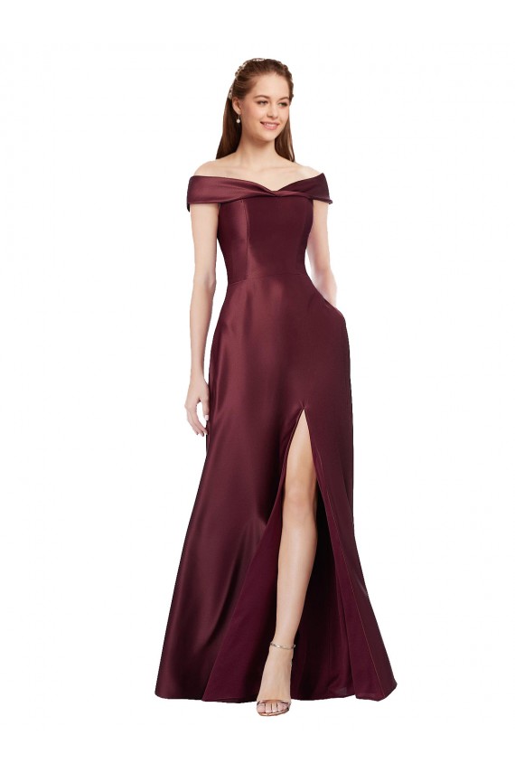 Long Off the Shoulder Satin Formal Dress with Thigh-high Slit