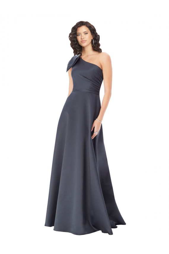Rouched One Shoulder Floor Length Satin Formal Dress with Bow