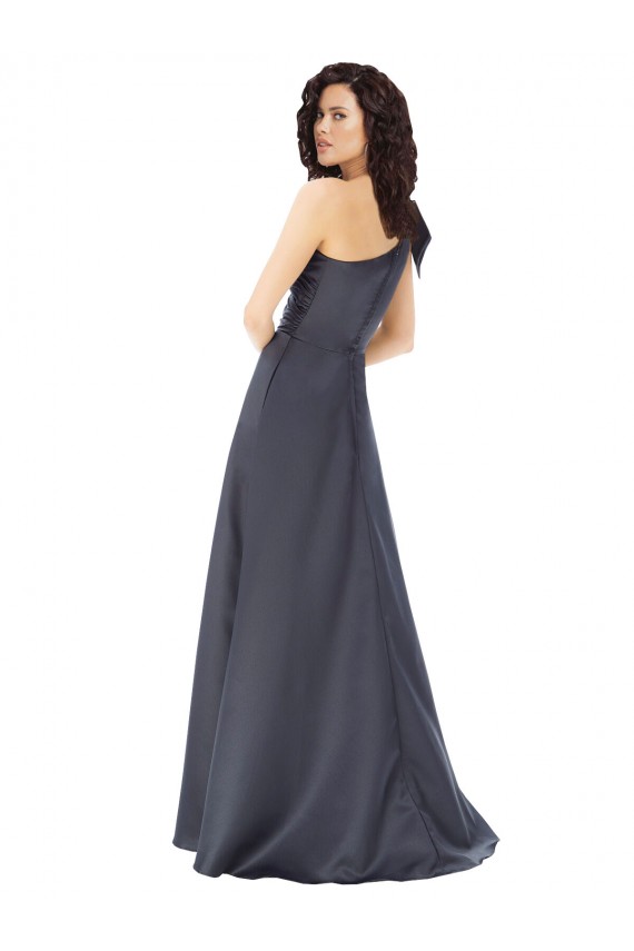 Rouched One Shoulder Floor Length Satin Formal Dress with Bow