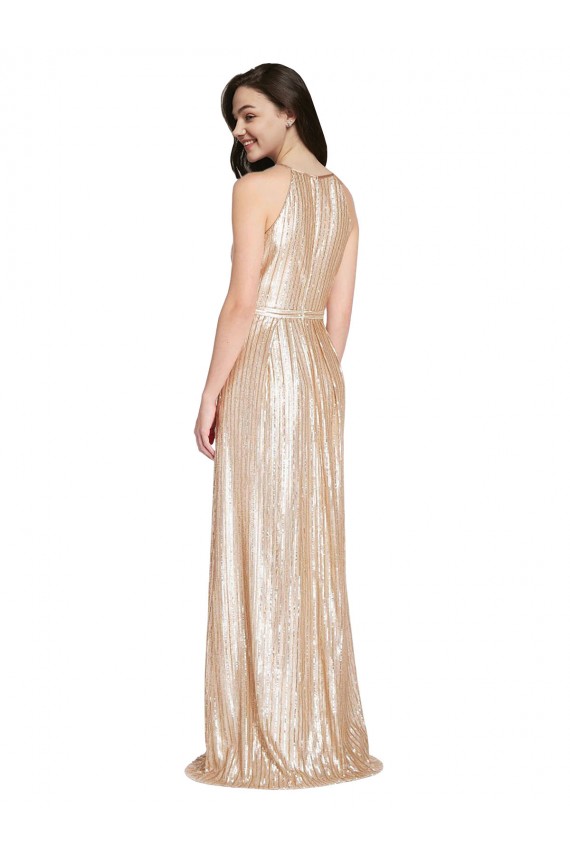 Floor Length Halter Neck Sparkling Sequin Formal Dress with Pleats