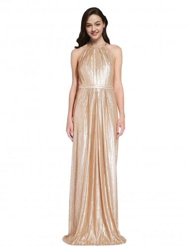 Floor Length Halter Neck Sparkling Sequin Formal Dress with Pleats