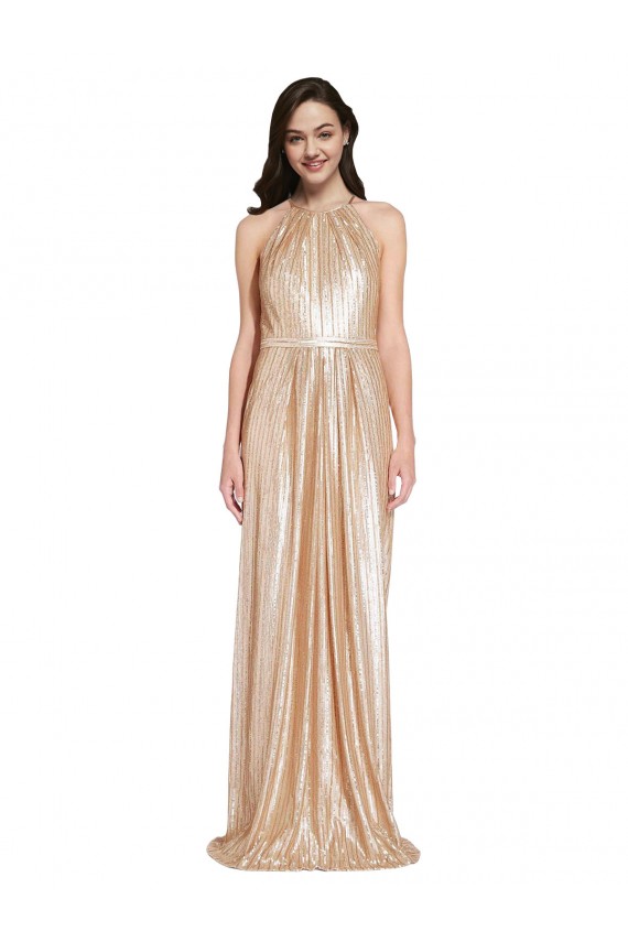Floor Length Halter Neck Sparkling Sequin Formal Dress with Pleats