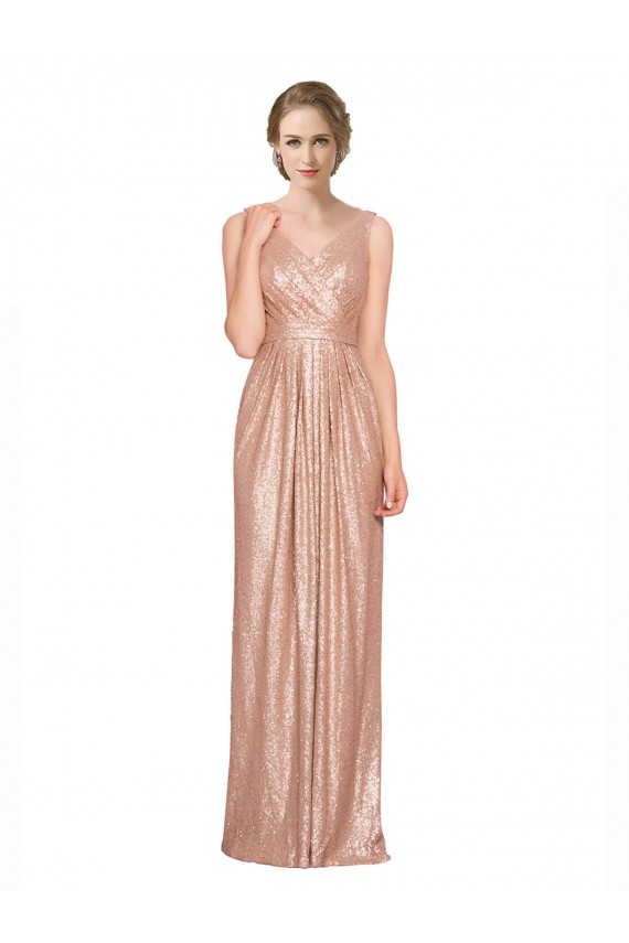 Draped V-Neck Striking Sheath Floor Length Sequin Formal Dress
