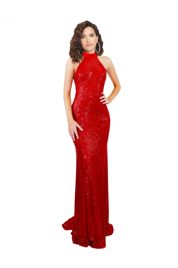 Halter High Neck Mermaid Open Back Sequin Formal Dress