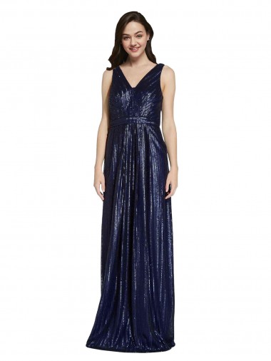 Long V-Neck Sparking Sequin Formal Dress with Low V-Back