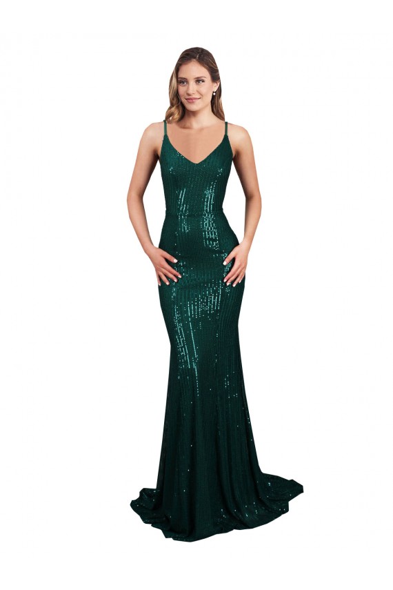 Fishtail Shaped V-Neck Open Back Long Sequin Formal Dress