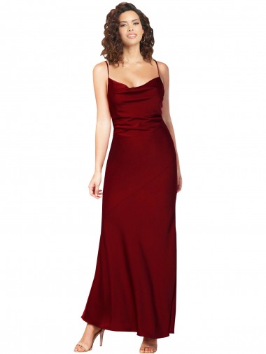 Cowl Neck Low Back Silky Satin Formal Dress with Thin Back Straps