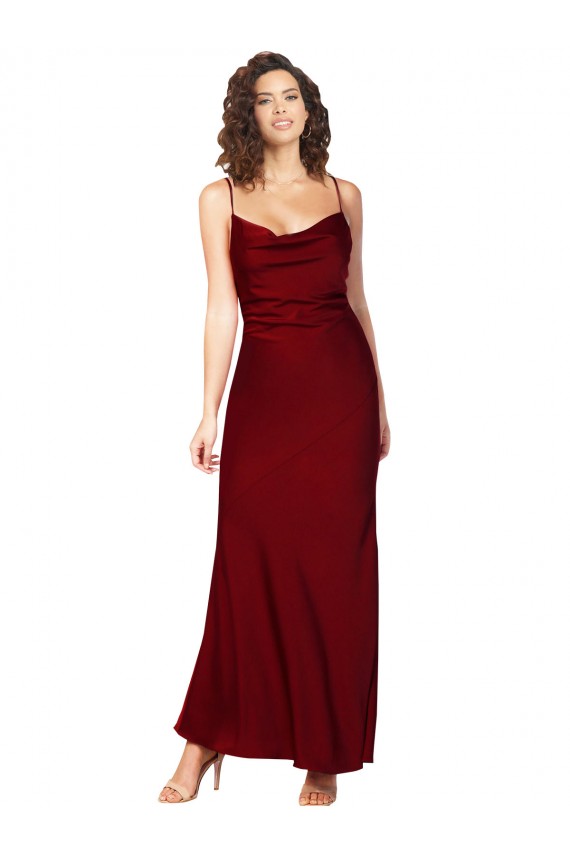 Cowl Neck Low Back Silky Satin Formal Dress with Thin Back Straps