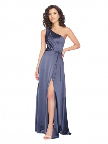 Draped Silky Satin Formal Dress with Tied Waist