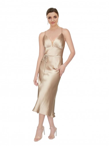 Empire Waist Silky Satin Midi Length Cocktail Formal Dress