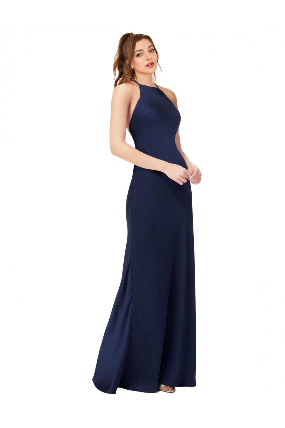 High Neck Satin Formal Dress with Strappy Back