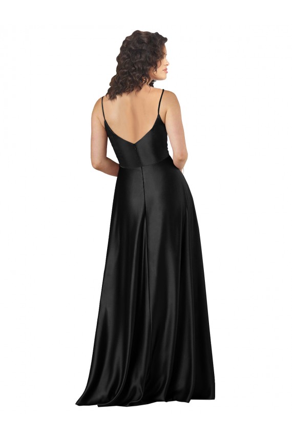 Full Length V-Neckline Silky Satin Formal Dress with Full Skirt
