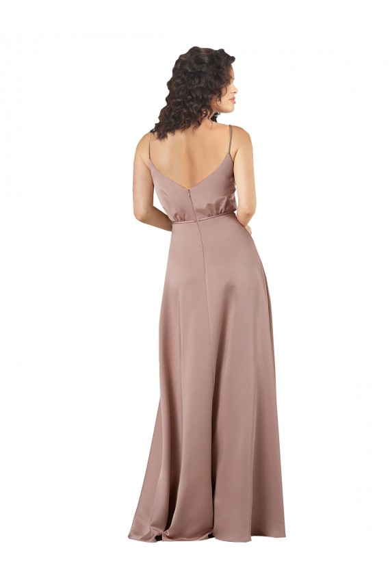 Subtle V-Neckline Silky Satin Formal Dress with Front Button Detail