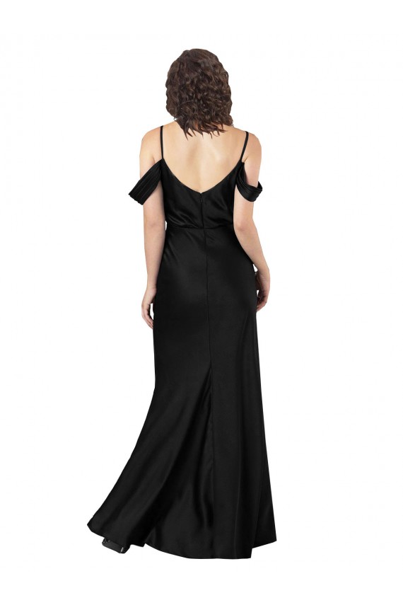 Off the Shoulder Sleeves Silky Satin Formal Dress with Skirt Slit