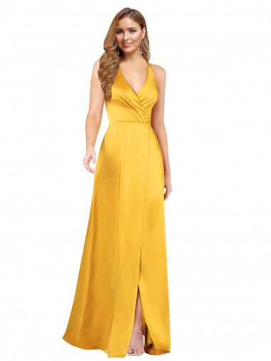 Halter A-Line Silky Satin Formal Dress with V-Neckline and Slit