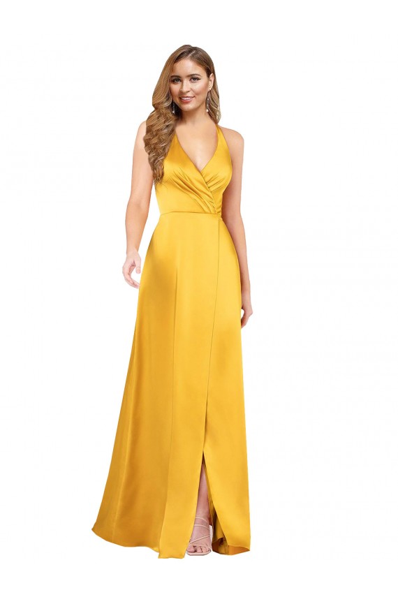 Halter A-Line Silky Satin Formal Dress with V-Neckline and Slit