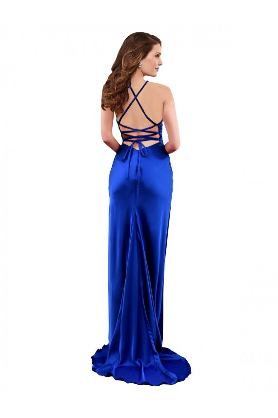 Open Back Cowl Neck Long Silky Satin Formal Dress