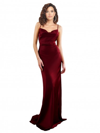 Cowl Neck Long Criss Cross Open Back Silky Satin Formal Dress