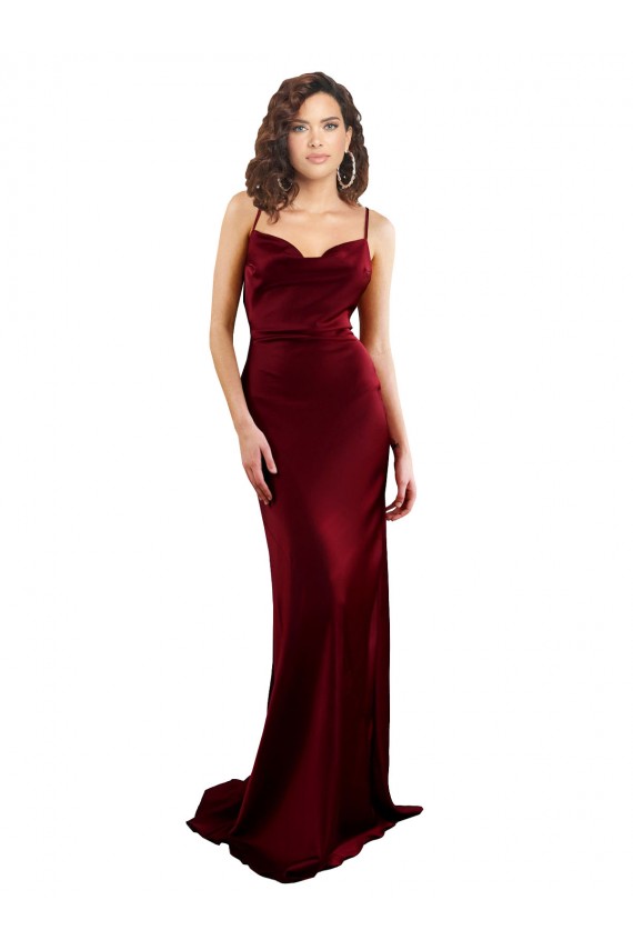 Cowl Neck Long Criss Cross Open Back Silky Satin Formal Dress