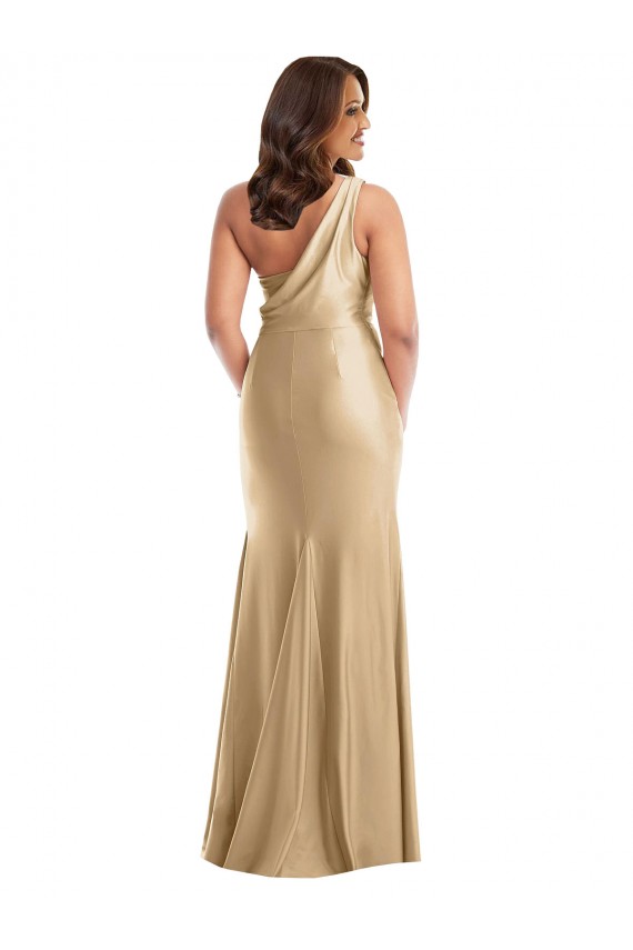 One Shoulder Asymmetrical Cowl Back Silky Satin Mermaid Formal Dress