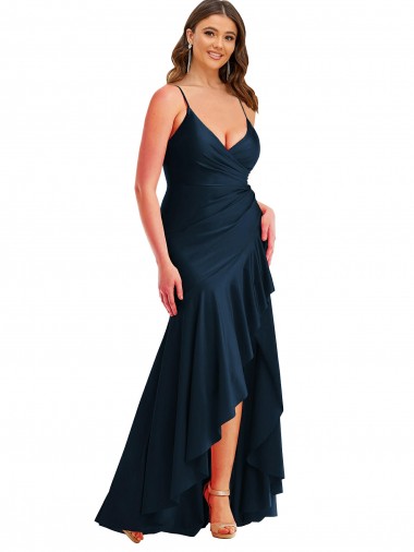 Pleated Wrap Ruffled High Low Silky Satin Formal Dress