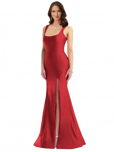Square Neck Silky Satin Mermaid Formal Dress with Side Slit