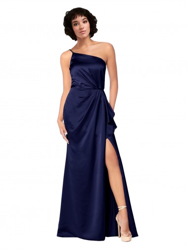 One Shoulder Silky Satin Formal Dress with Skirt Slit