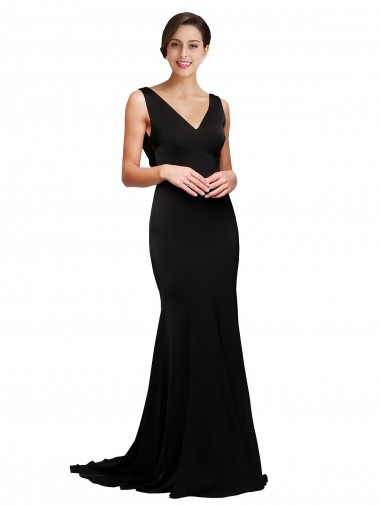 V-Neck Full Length Silky Satin Formal Dress with Soft Cowl Neck and Sweep Train