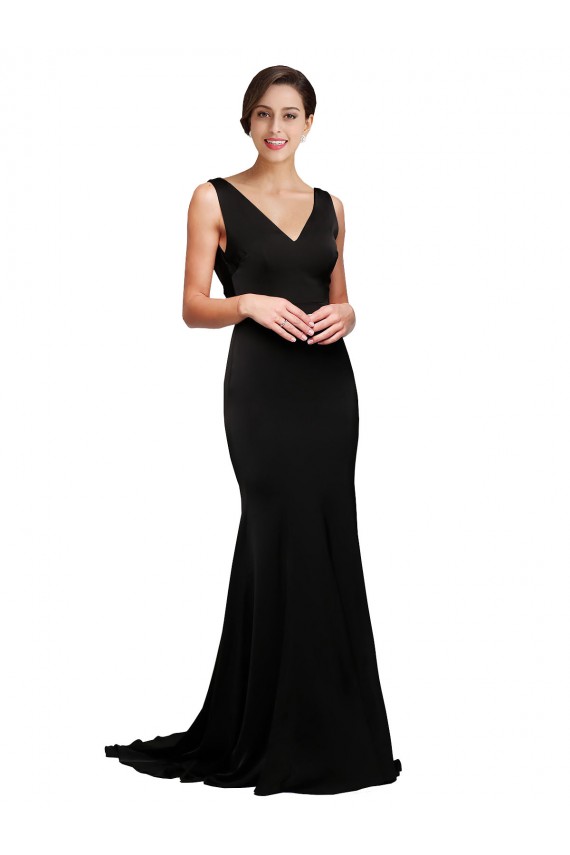 V-Neck Full Length Silky Satin Formal Dress with Soft Cowl Neck and Sweep Train