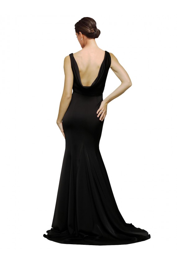 V-Neck Full Length Silky Satin Formal Dress with Soft Cowl Neck and Sweep Train