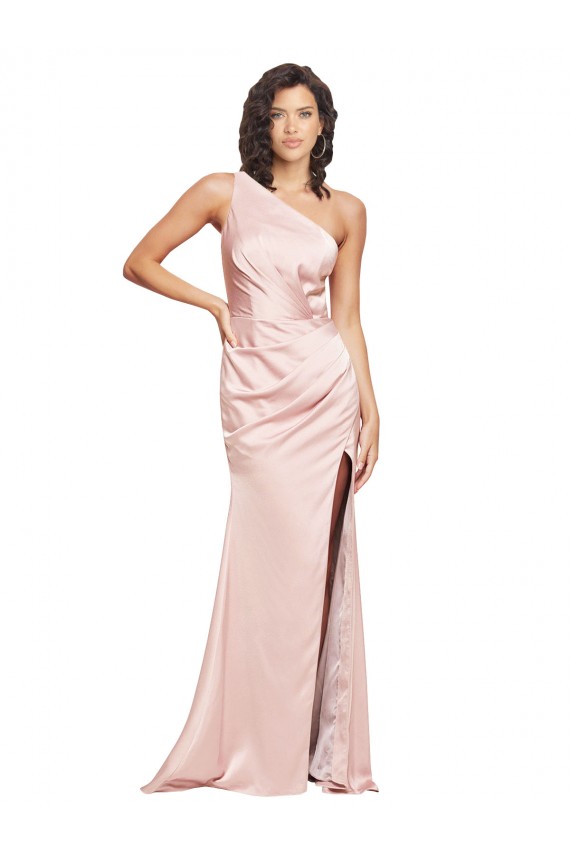 Full Length Ruched Silky Satin Formal Dress with Low Back and High Split