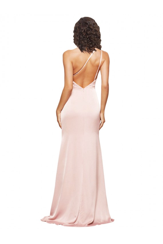 Full Length Ruched Silky Satin Formal Dress with Low Back and High Split