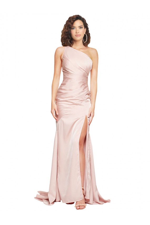 Full Length One Shoulder Long Silky Satin Formal Dress with High Split