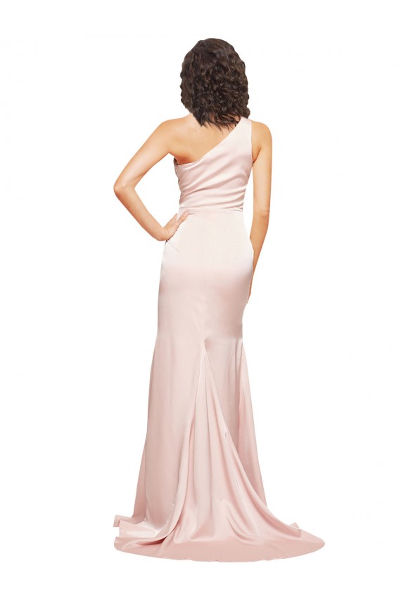 Full Length One Shoulder Long Silky Satin Formal Dress with High Split