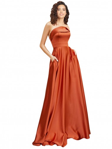 Strapless Sweep Train Silky Satin Formal Dress with Pleats