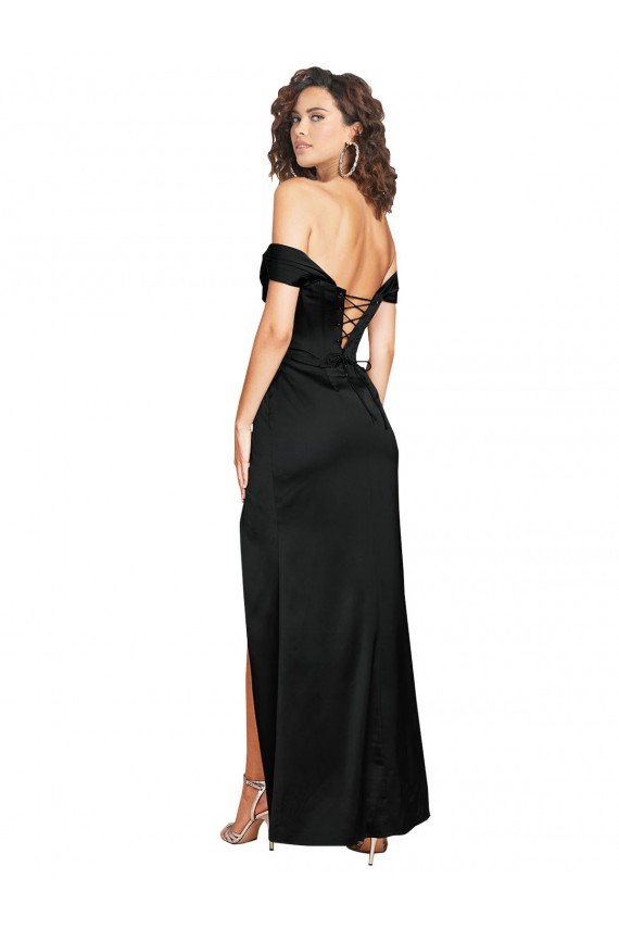 Fitted Sweetheart Neckline Silky Satin Formal Dress with Off the Shoulder Sleeves and High Slit
