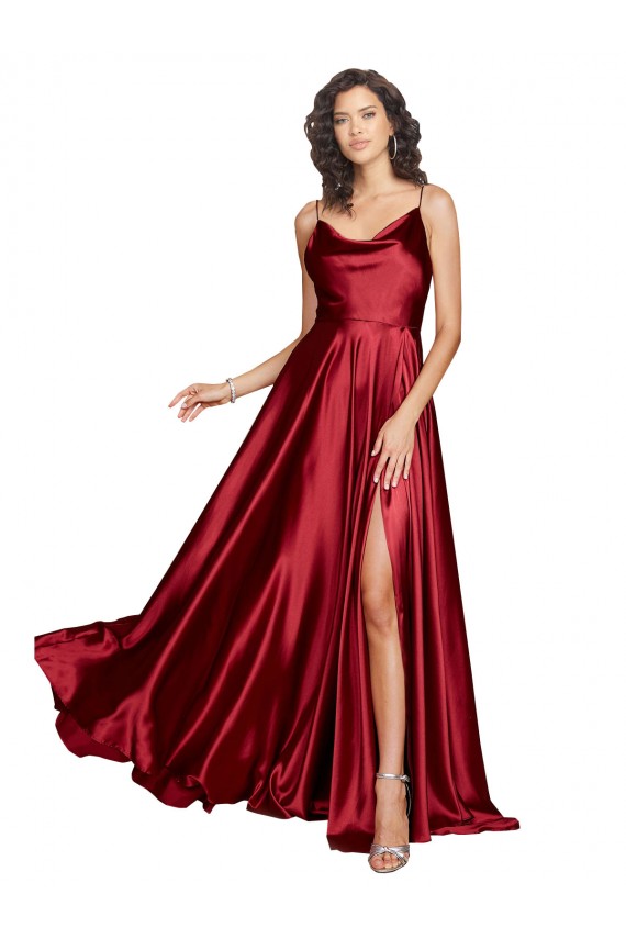 Cowl Neckline Long Silky Satin Formal Dress with Spaghetti Straps