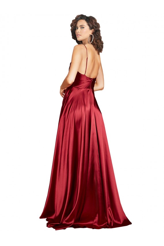 Cowl Neckline Long Silky Satin Formal Dress with Spaghetti Straps