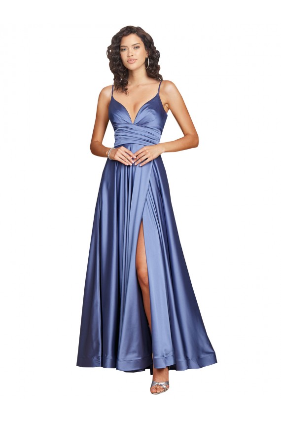 Deep V-Neck Sweetheart Long Silky Satin Formal Dress with Thigh High Slit