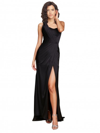 Full Length One Shoulder Ruffled Long Silky Satin Formal Dress with High Slit