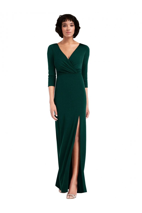 Floor Length 3/4 Sleeves V-Back Draped Wrap Maxi Spandex Formal Dress
