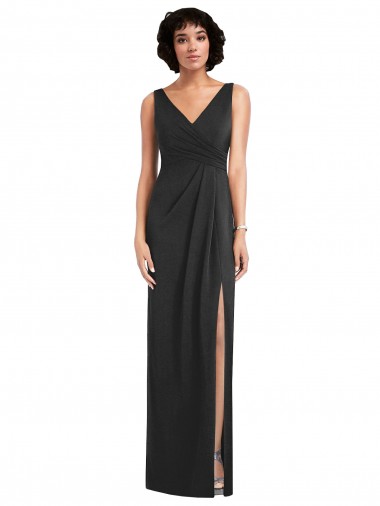 Draped Wrap Maxi Spandex Formal Dress with Front Slit